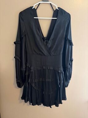 Black Long-Sleeve V-Neck Ruffle Tiered Mini Dress